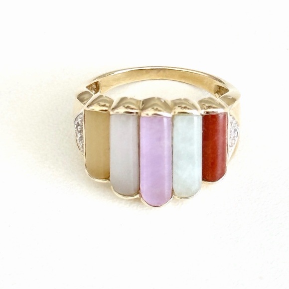 14K Yellow Gold Multi Color Jade Graduated Pillar Diamond Accent Ring Size 7 - Picture 2 of 6